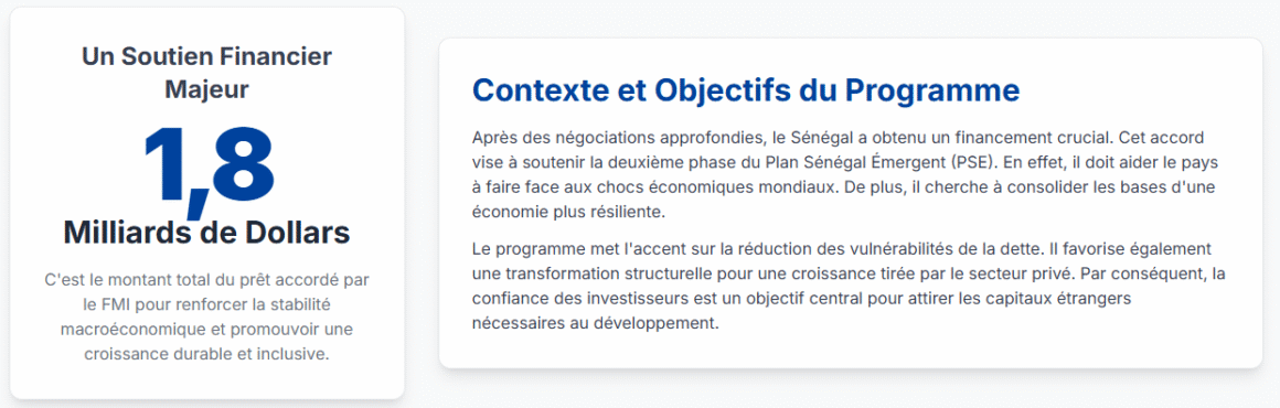 Contexte et Objectifs du Programme - un soutien financier majeur 1.8 milliards de dollars - FMI Prêt Sénégal