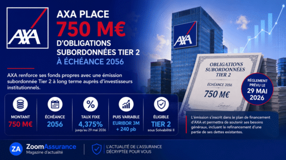 Axa émet 750 M€ d’obligations Tier 2 à échéance 2056, intégrées au capital réglementaire sous Solvabilité II, avec un taux initial fixe à 4,375% jusqu’en 2036.