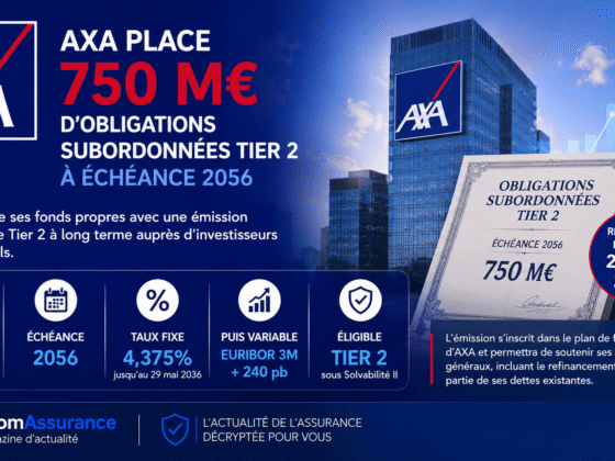 Axa émet 750 M€ d’obligations Tier 2 à échéance 2056, intégrées au capital réglementaire sous Solvabilité II, avec un taux initial fixe à 4,375% jusqu’en 2036.