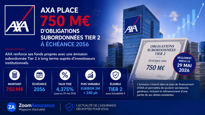 Axa émet 750 M€ d’obligations Tier 2 à échéance 2056, intégrées au capital réglementaire sous Solvabilité II, avec un taux initial fixe à 4,375% jusqu’en 2036.