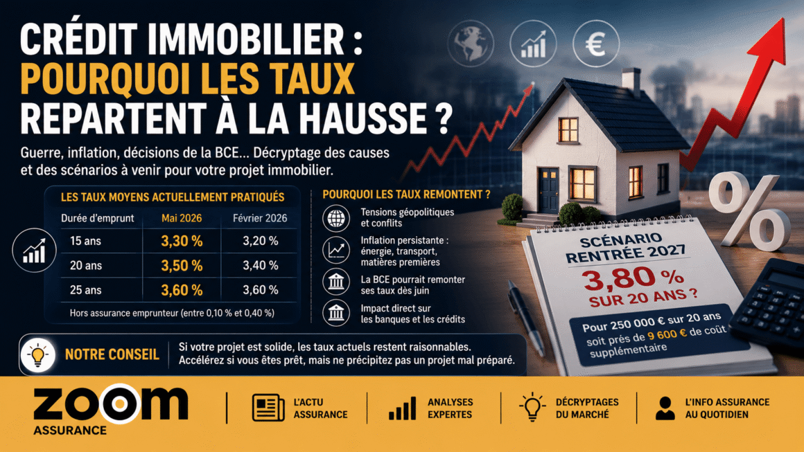 Crédit immobilier 2026 : taux en hausse modérée, autour de 3,50 % à 3,60 %. Impact inflation et géopolitique, scénario à 3,80 % en 2027 étudié.