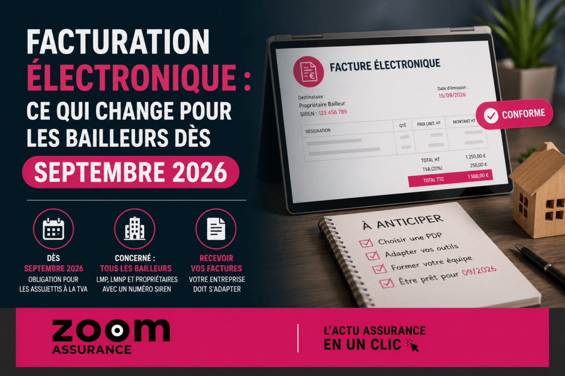 Facturation électronique obligatoire dès sept. 2026 pour bailleurs assujettis à la TVA, avec 34 mentions légales sur factures et plateforme agréée.