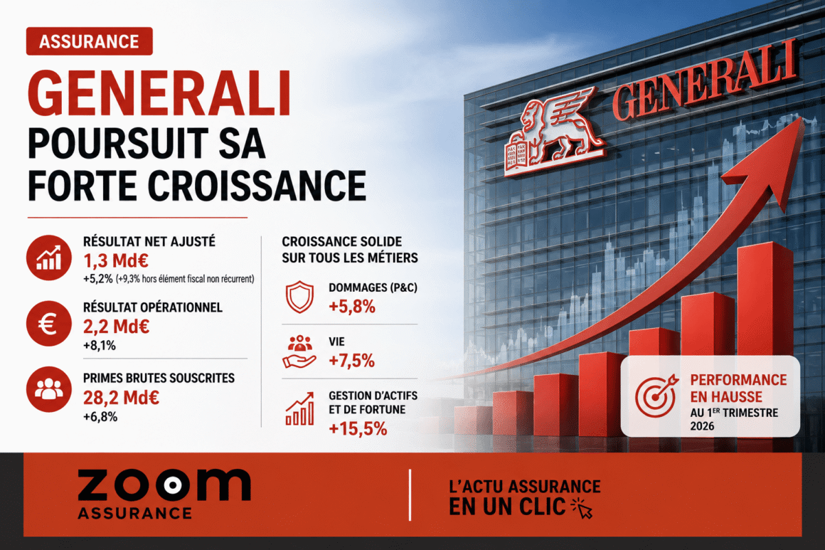 Generali affiche un résultat net ajusté de 1,3 Md€ au T1 2026, avec une progression notable en vie et gestion d’actifs, confirmant sa solidité financière.