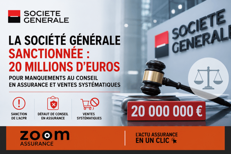 La Société Générale sanctionnée en 2024 pour manquements au devoir de conseil dans l’assurance Sobrio, avec une amende de 20 millions d’euros infligée.