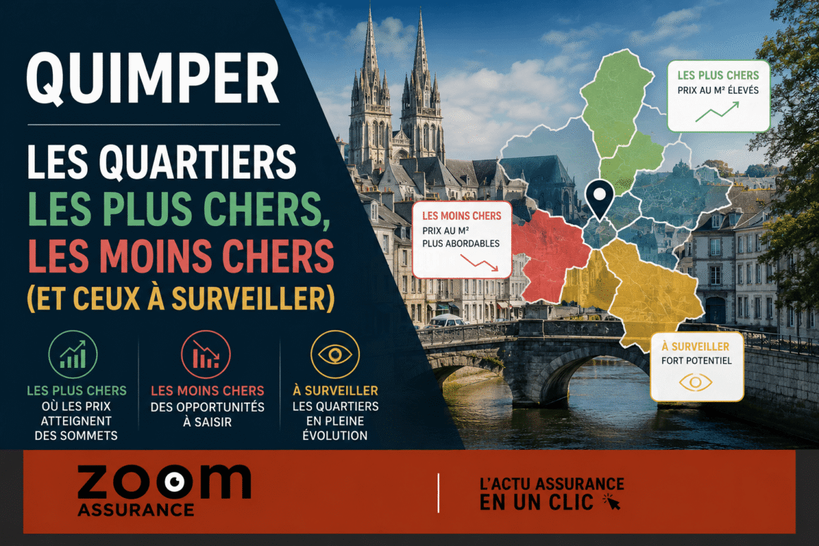 Quimper 2026 : prix immobiliers entre 2 197 €/m² et 2 660 €/m² selon quartiers, avec une hausse de 0,9 % sur 3 mois et des perspectives positives.