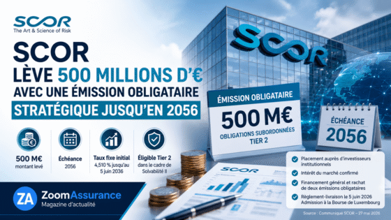 SCOR émet 500 M€ d’obligations subordonnées Tier 2 à taux fixe puis variable, notées A3, renforçant sa dette dans un cadre Solvabilité II en 2026.