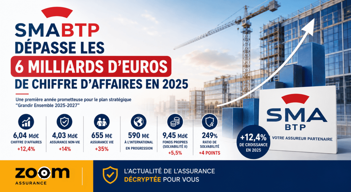 SMABTP en 2025 affiche 6,04 Md€ de chiffre d’affaires, une solvabilité à 249% et une diversification accrue dans la construction et les assurances vie.